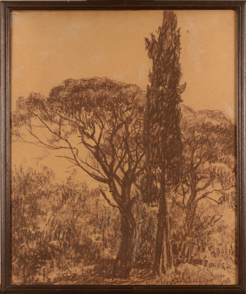 Berthe Art — vue du côte d'Azur, fusain et pastel sur papier, signé