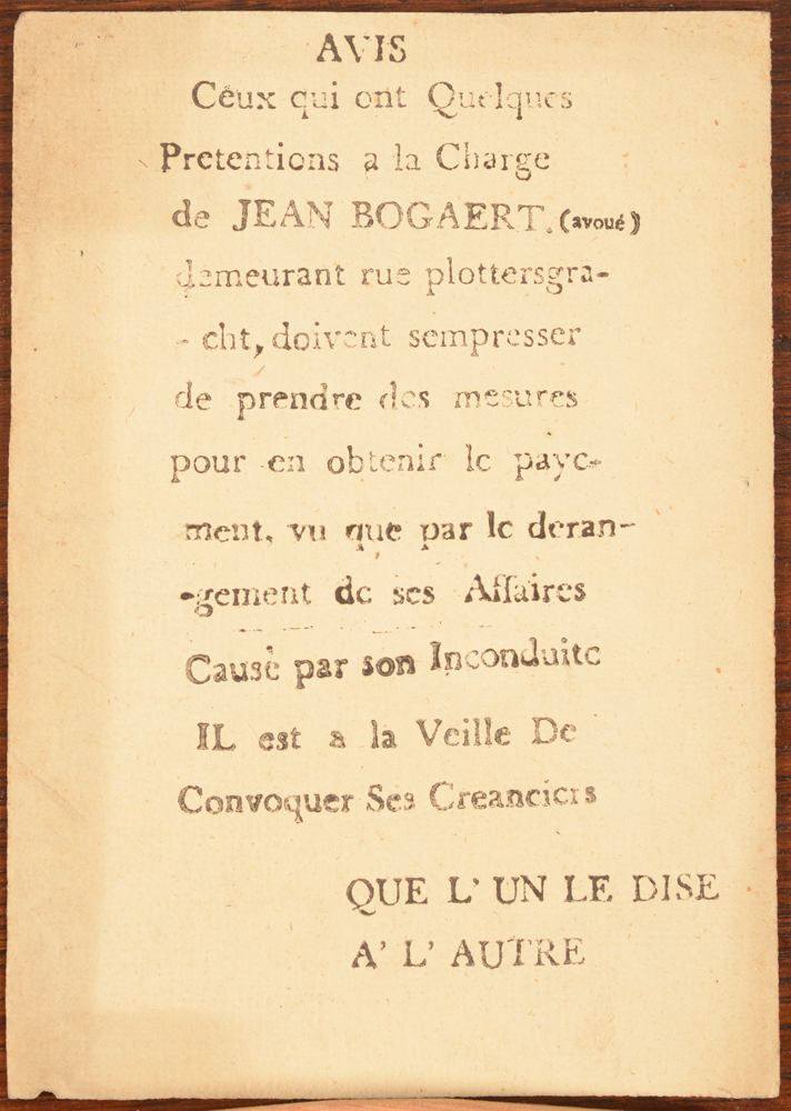 Jean Bogaert document to his creditors — <p>Rare document ephémère, début 19e, avertissement aux créanciers de Mr. Jean Bogaert de Gand</p>