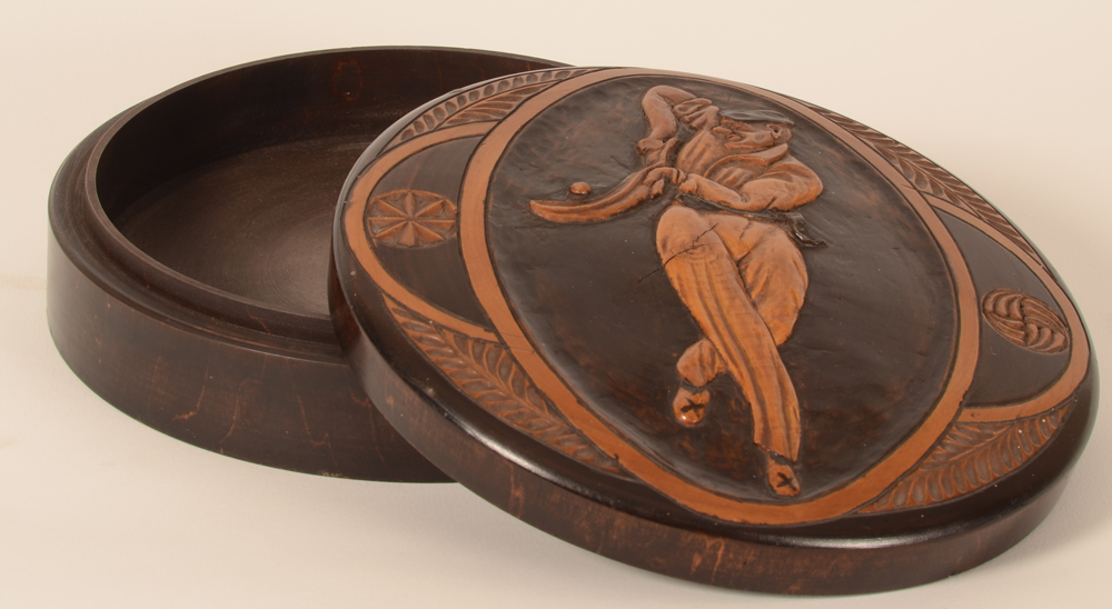 Box with basque pelote player — Box open, in used but good condition