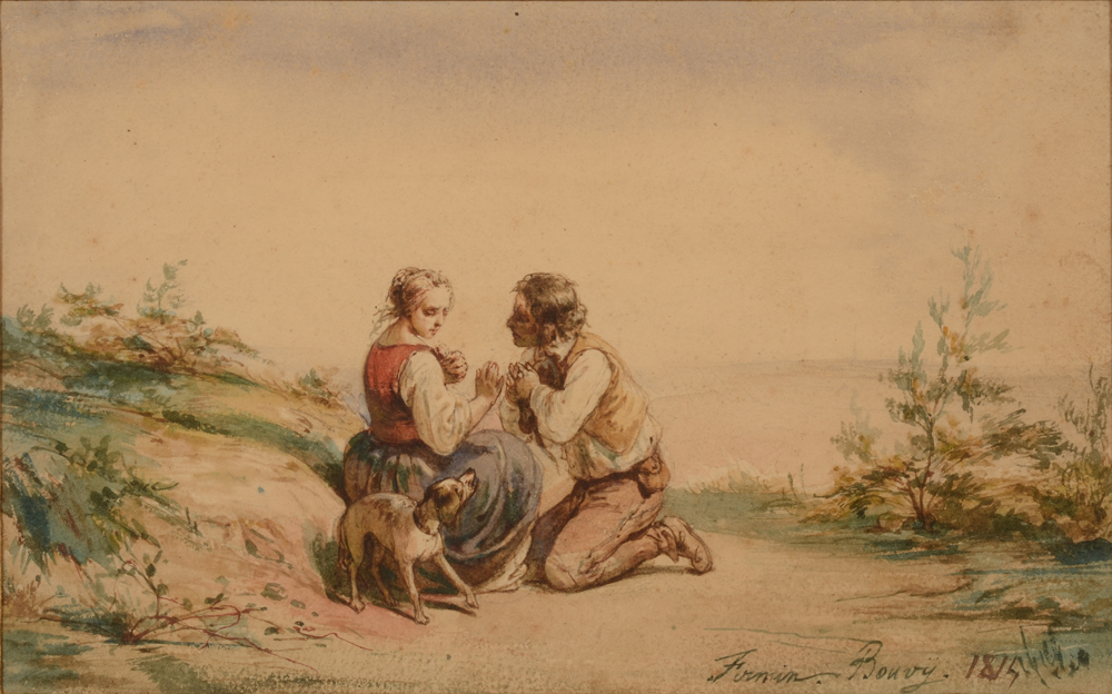 Firmin Bouvy — Het huwelijksaanzoek, romantische aquarel van deze schilder uit Deinze, maar gestorven in San Francisco<br>