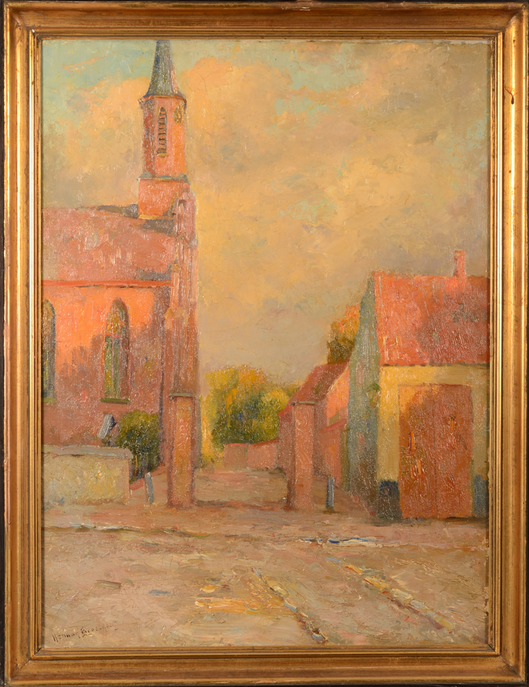 Herman Broeckaert — village flamand, huile sur toile signe