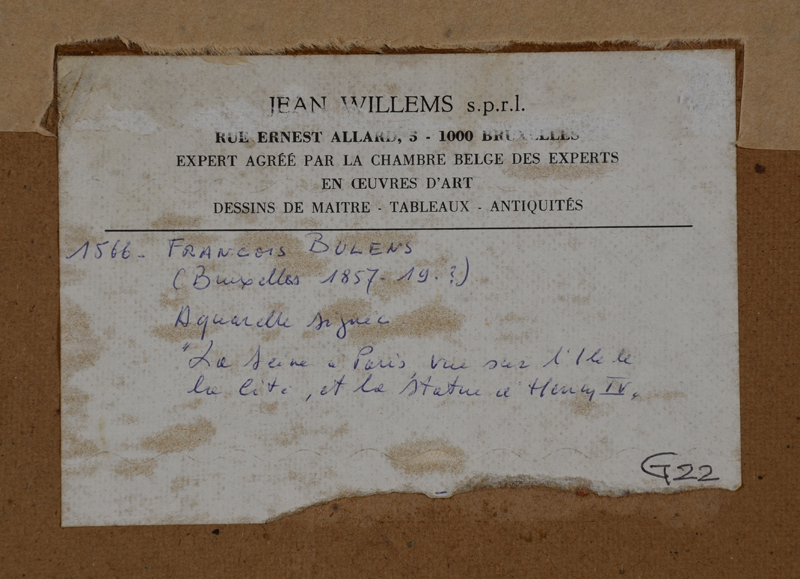 Francois Bulens — Label at the back, written by Jean Willems, an eminent dealer of works on paper, based in Brussels in the 1960's ad 1970's.