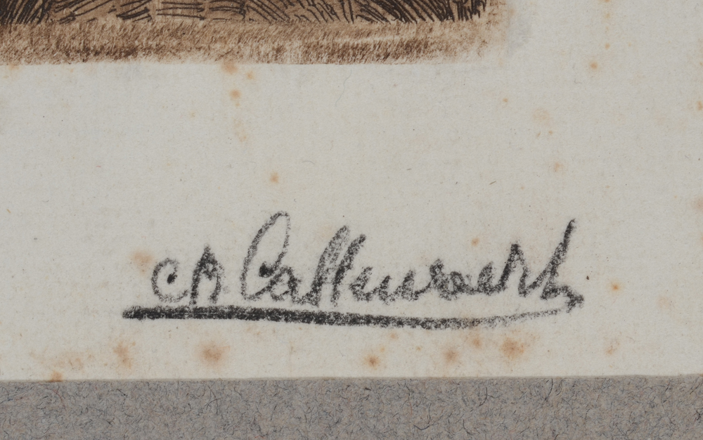 Charles-René Callewaert The refugiees — Signature of the artist on the bottom right of the etching. 