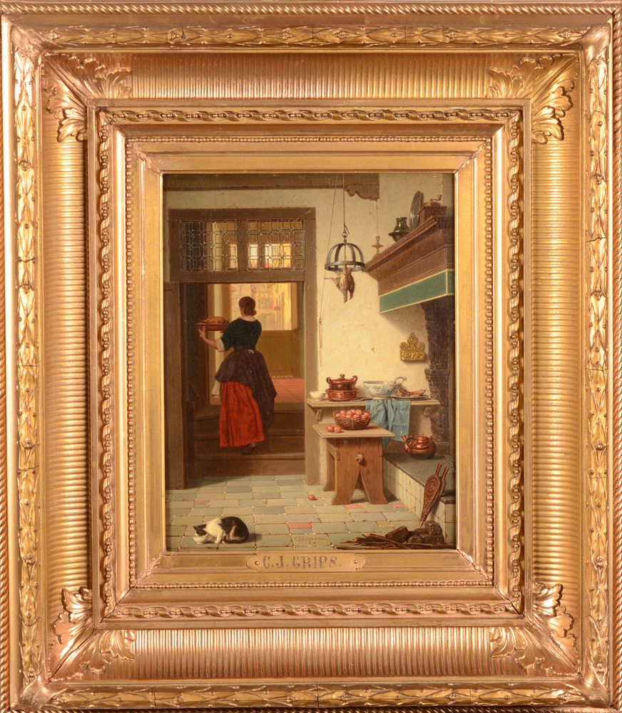 Charles Joseph Grips — Interieur de cuisine, dans le style typique du peintre, huile sur panneau