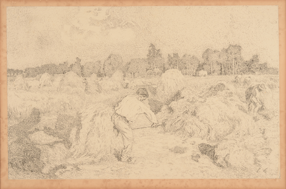 Emile Claus — De Vlasoogst, een originele lithografie gesigneerd en genummerd in potlood door de kunstenaar.