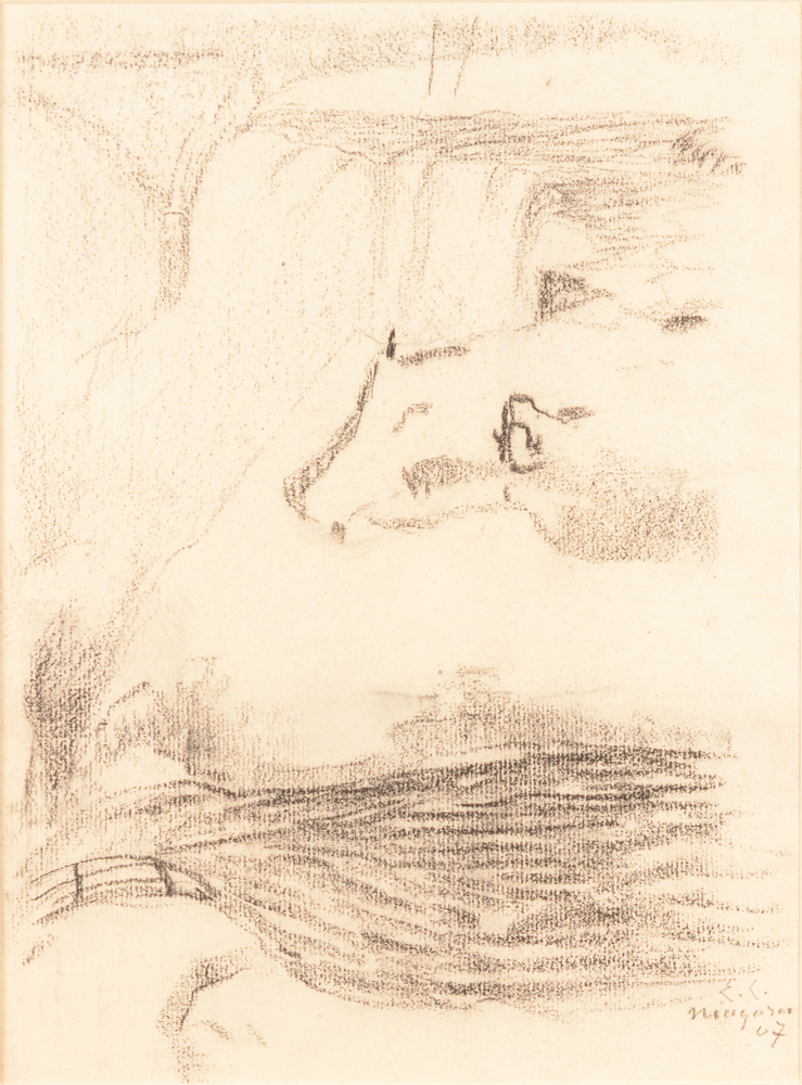 Emile Claus — Les cascades à Niagara dans la neige, très rare dessin de 1907