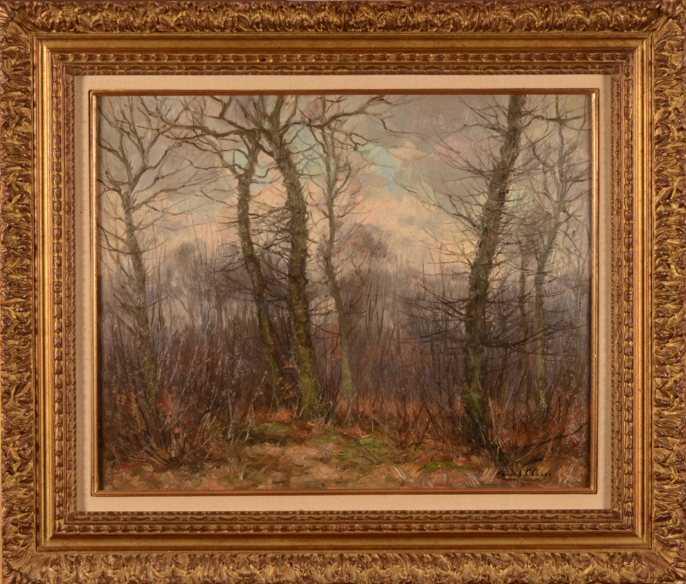 Louis Clesse — Un sous-bois en hiver, huile sur panneau, signe&nbsp;