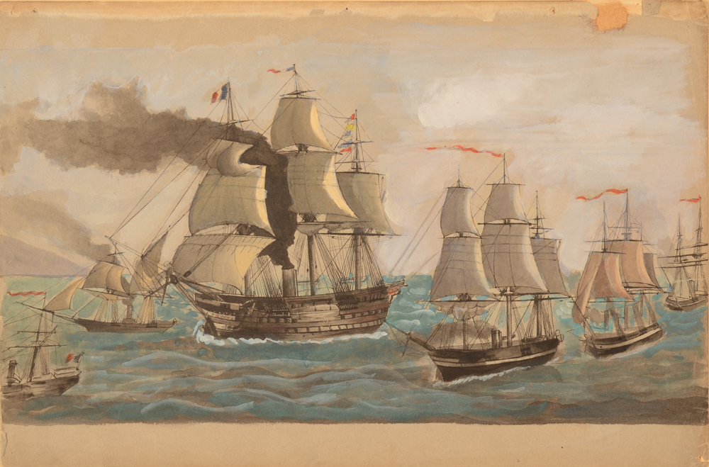 Johan Godefriedus Coblijn — Bel aquarelle d'un navire français, ca. 1860