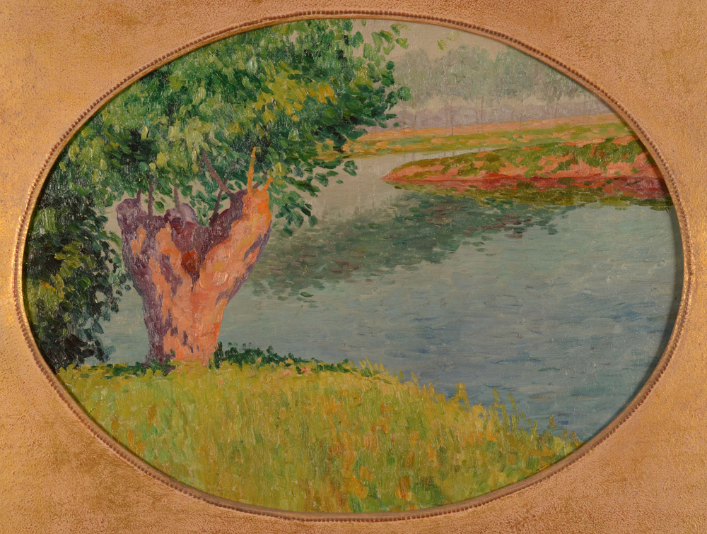 Oscar Coddron — Une vue de la Lys, huile sur panneau ovale, non signé