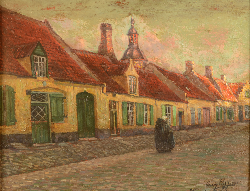 Omer Coppens — Vue de la ville de Nieuport en 1914, avant la destruction, huile sur panneau