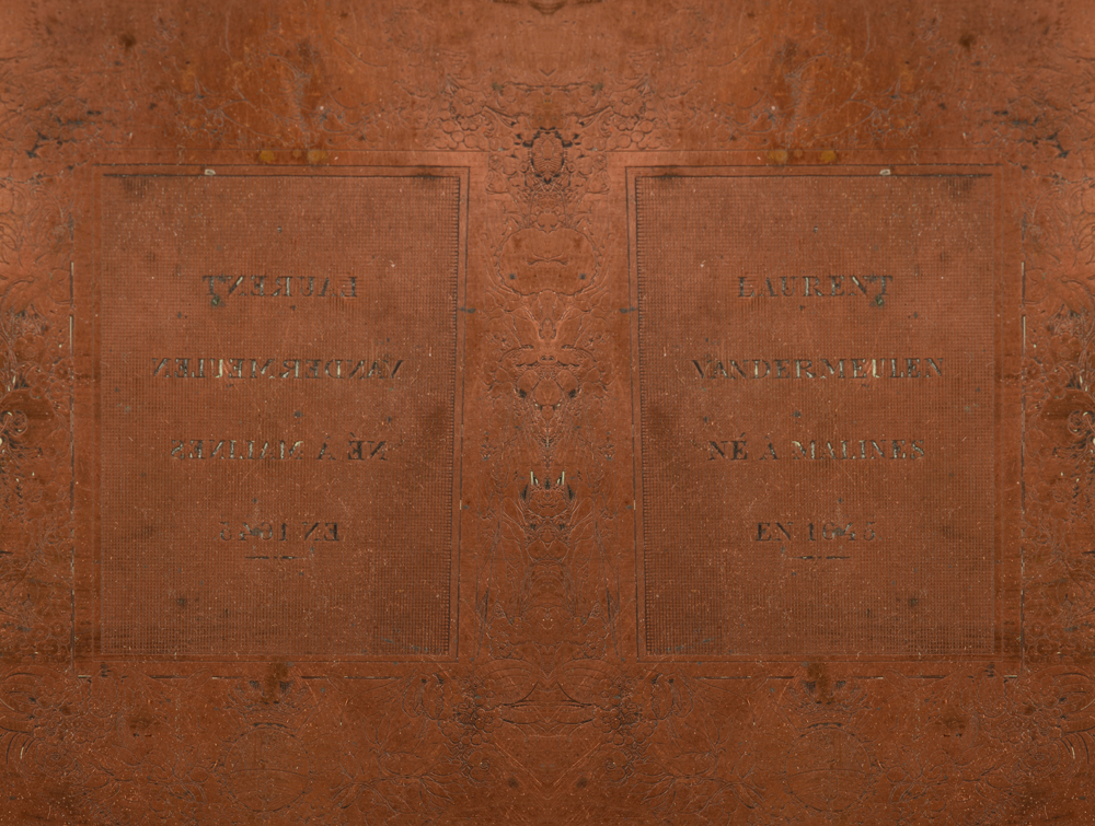 Copper printing plate Laurent Van der Meulen — Left, the original plate, right the mirror image