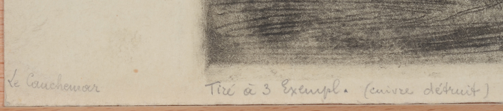 Valère Bernard Le Cauchemar etching  — Title written on the bottom left, together with the press information, written in pencil.