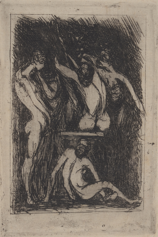 Eugène Laermans Untitled etching of a group of men — Detail of the etching. Print edges.