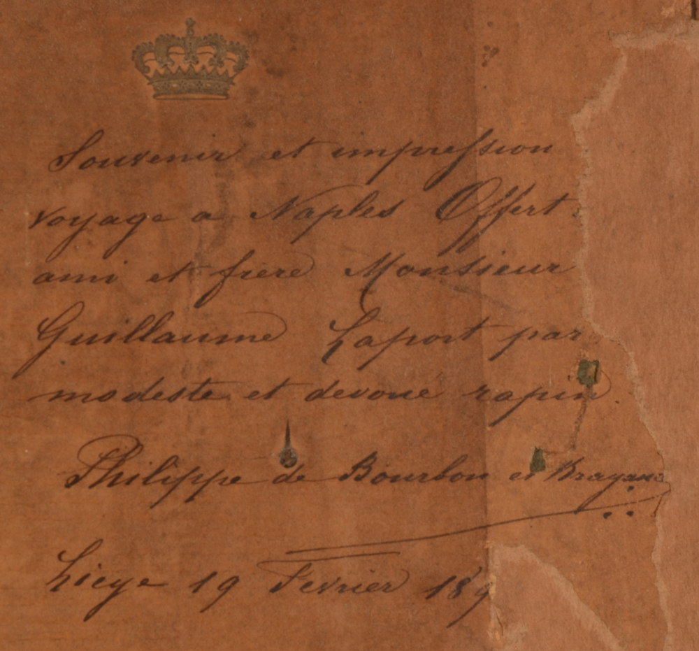 Philippe de Bourbon et Bragance — Detail of the dedication on a label at the back