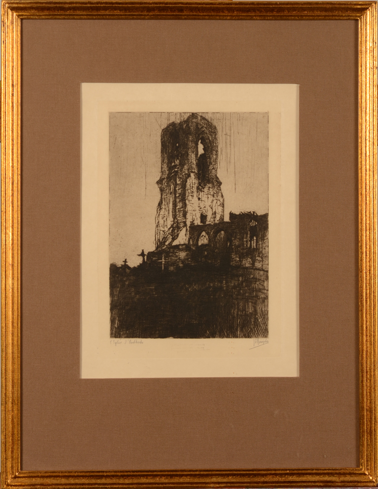 Jules De Bruycker — De kerk van Oostkerke, 1917, een zeer zeldzame ets die de oorlogsschade aan de kerk toont