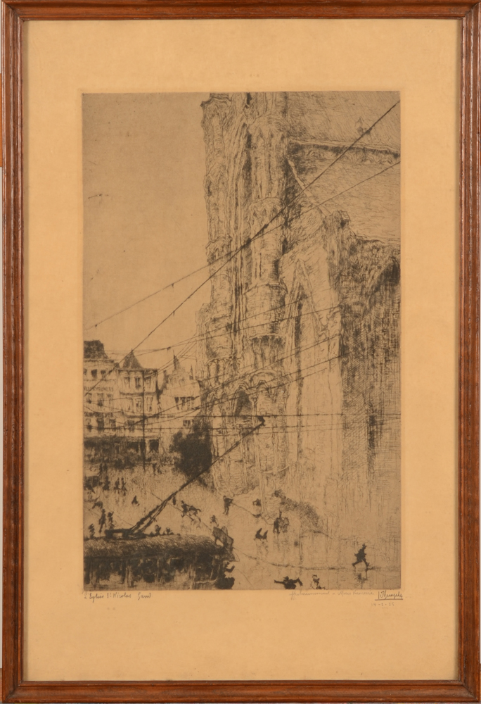 Jules De Bruycker — De St-Niklaaskerk, ets met opdracht en datering door De Bruycker