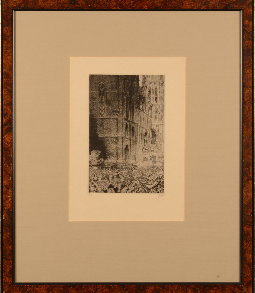 Jules De Bruycker — Eau-forte de 'artiste de 1932, figurant une foule près du béffroi.