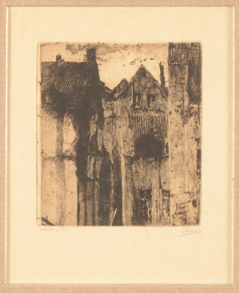 Jules De Bruycker — Maisons Pauvres, een zeldzame ets van de meester, met als onderwerp Brussel.