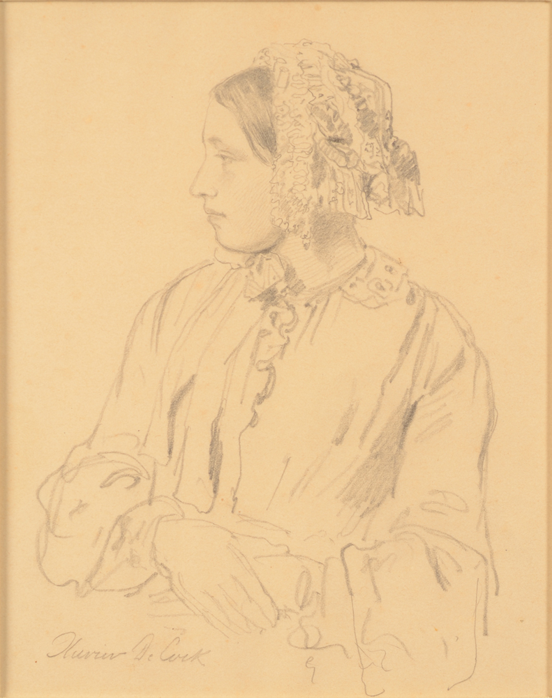 Xavier De Cock — Beau dessin d'une femme jeune, crayon sur papier, signé