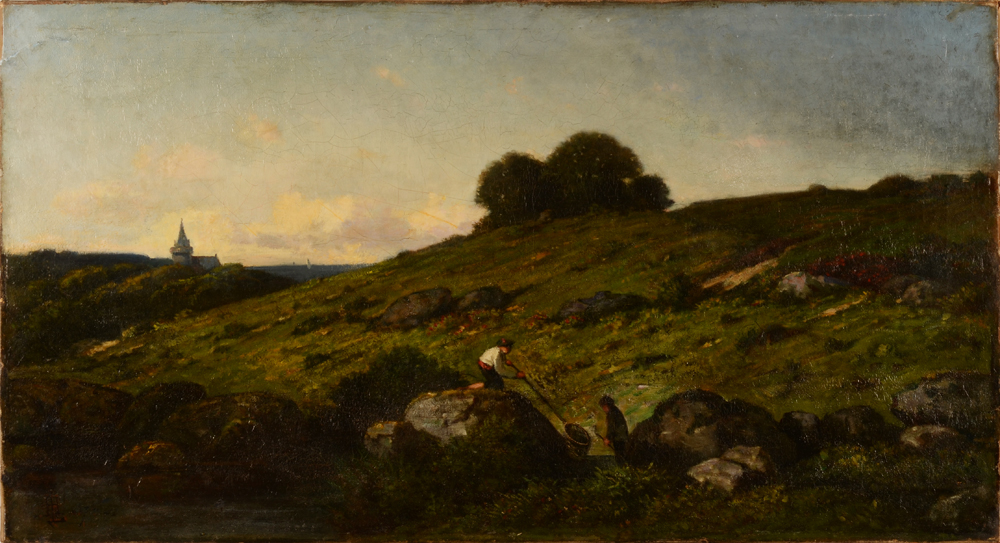 Hubert de Lyoncourt — Vue de la vallée de l'Aven en Bretagne, le chateau d'Hénant à l'horizon, huile sur toile panoramique, signée