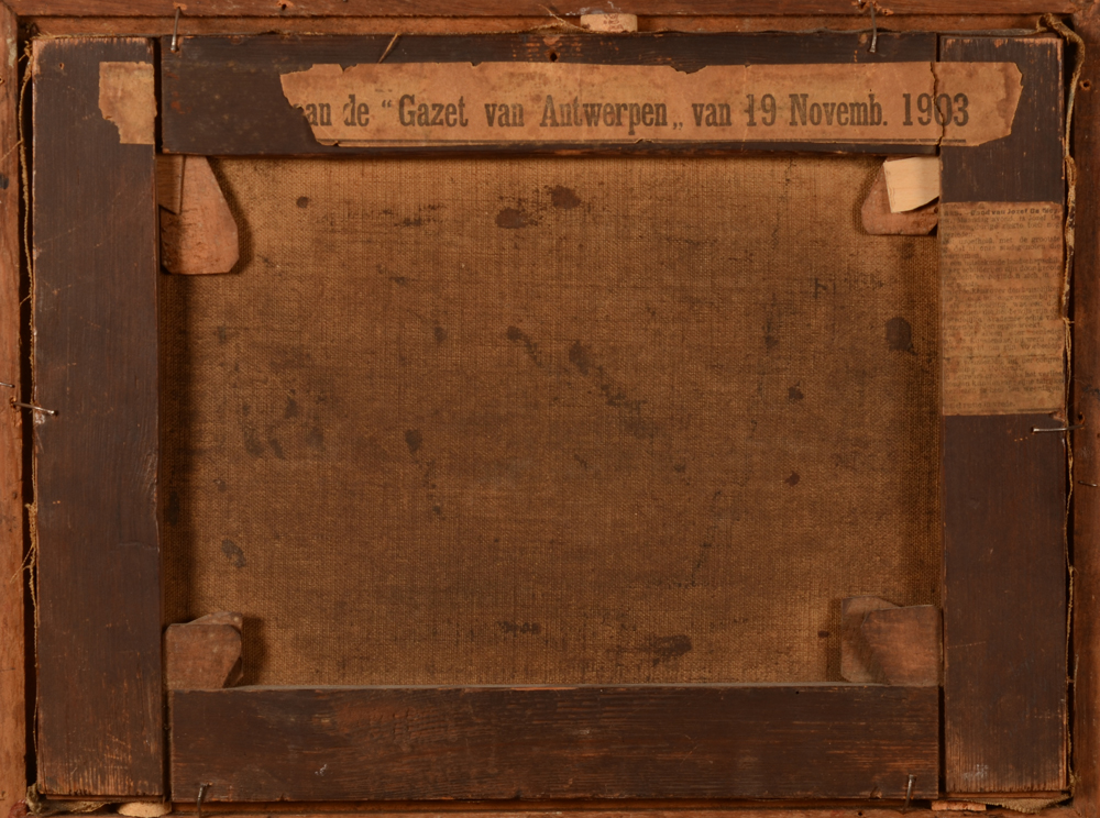 Jos De Mey — Back of the painting, with an original newspaper clipping from 1903
