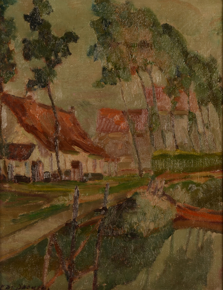 Louis De Saeger — Vue de rivièr avec maisons, signée en bas à gauche