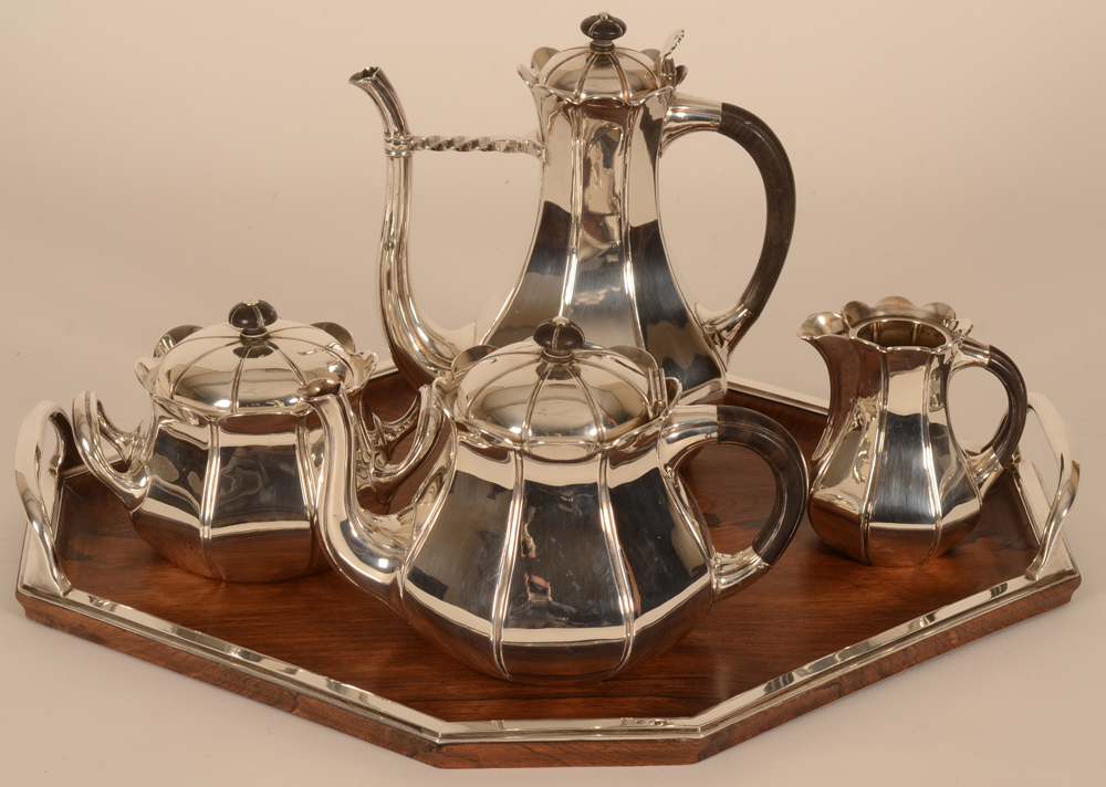 Alphonse Debain — Rare service à café et thé en argent massif et bois, années '20