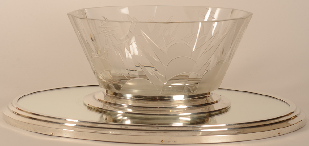 Delheid Freres — Rare et importante jardinière art deco en crystal et argent des années trente