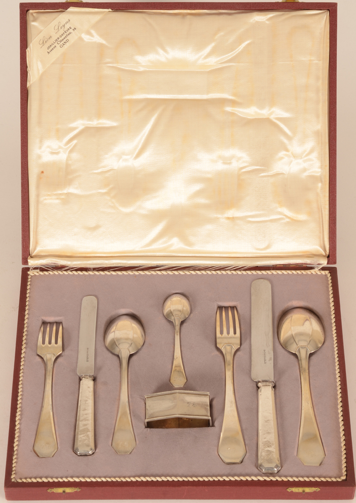 Delheid Freres — Couvert art deco en argent, de pensionnat, grave avec le chiffre 74, dans son ecrin d'origine<br>
