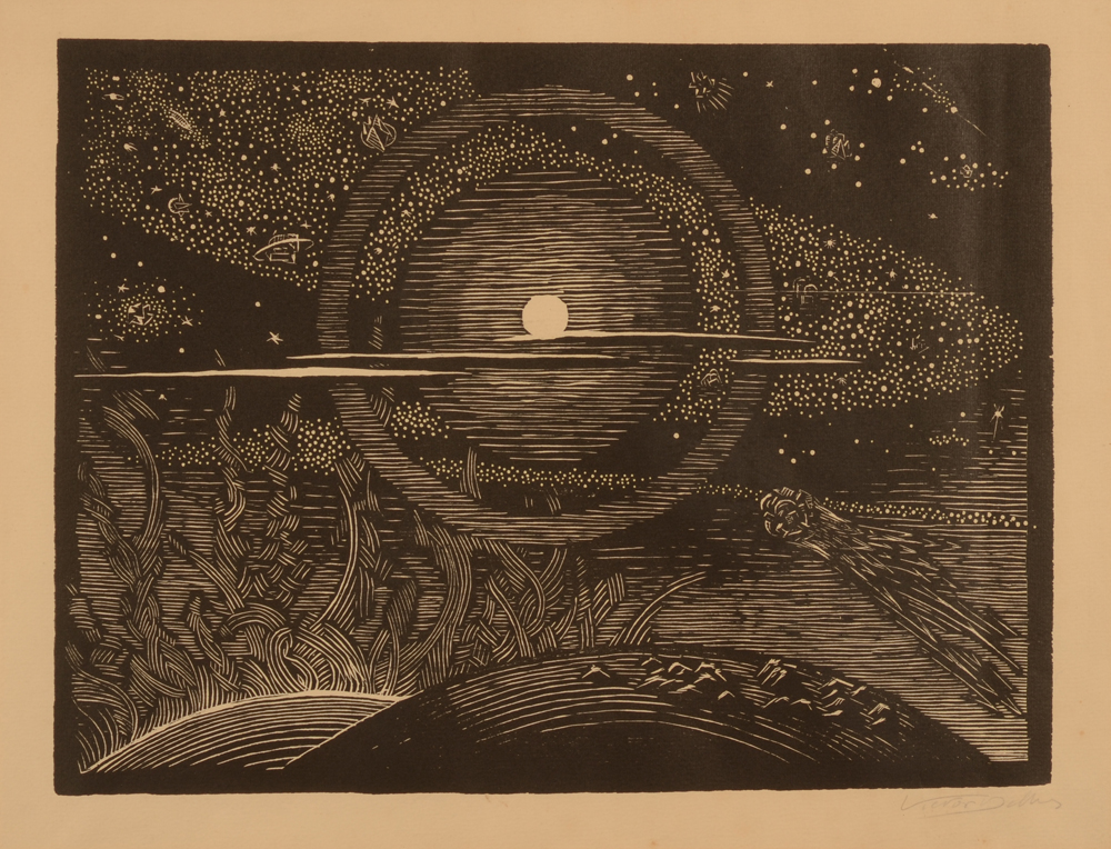 Victor Delhez — Intéressante et rare gravure sur bois, signée