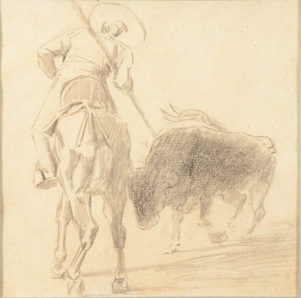 Jean Delvin — Dessin d'un picador, crayon gras sur papier, signé avec l'estampe d'atelier