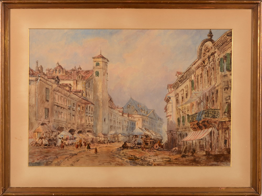 Jean-Louis Demarne — Vue de Basle, aquarelle sur papier, signée en bas à gauche