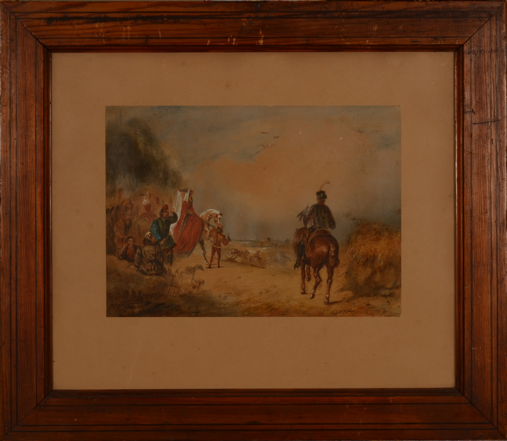 Adolphe Dillens Falconhunt — the watercolour in its frame