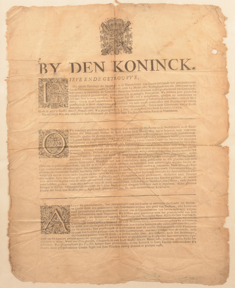 17th century medicine practice regulation — 17de eeuwse ordonnantie inzake uitoefenen geneeskunde