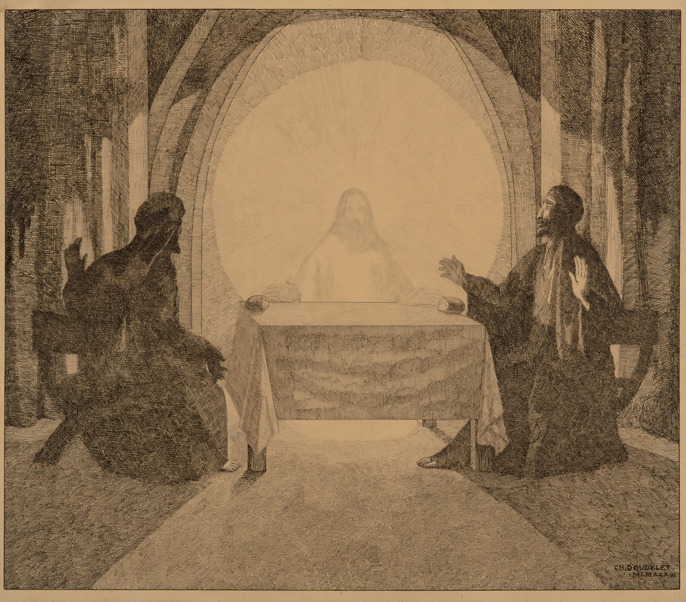 ?Charles Doudelet — De Emmaus gangers, inkttekening op papier, gesigneerd en gedateerd.