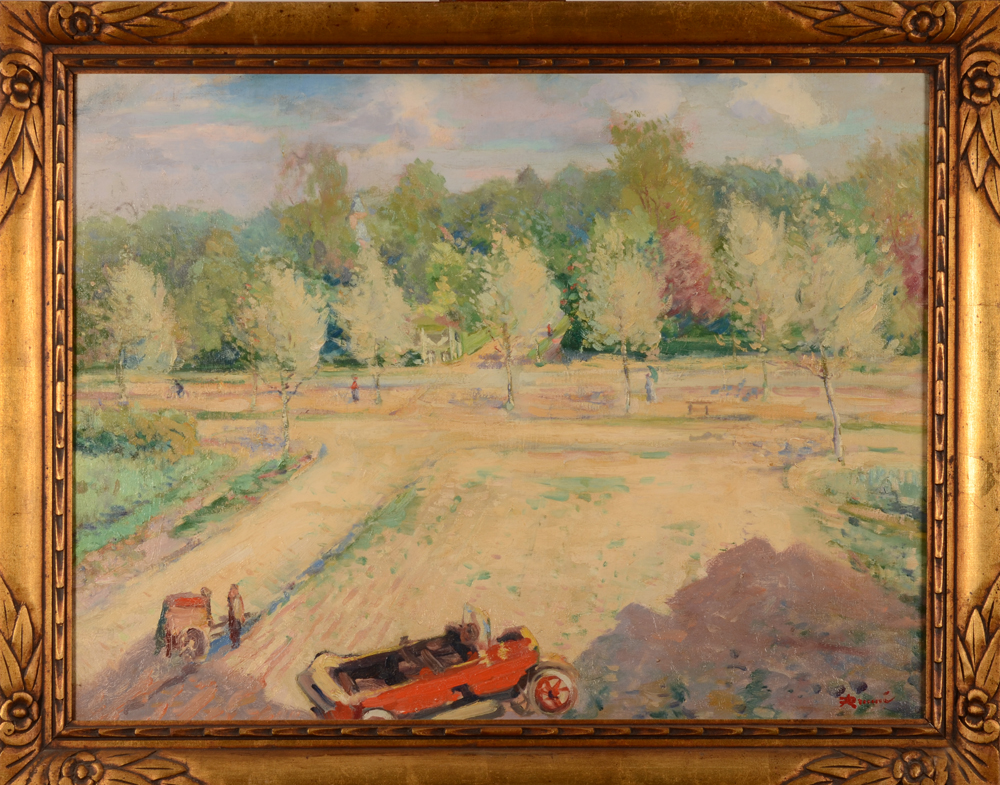 August Drume — Landschap met oldtimer, waarschijnlijk jaren twintig-dertig.