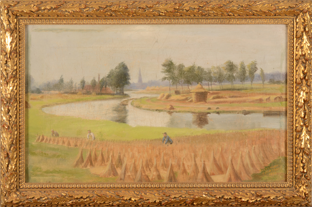 V. Eeckhaut — La Lys à courtrai en 1893, huile sur toile signée et datée