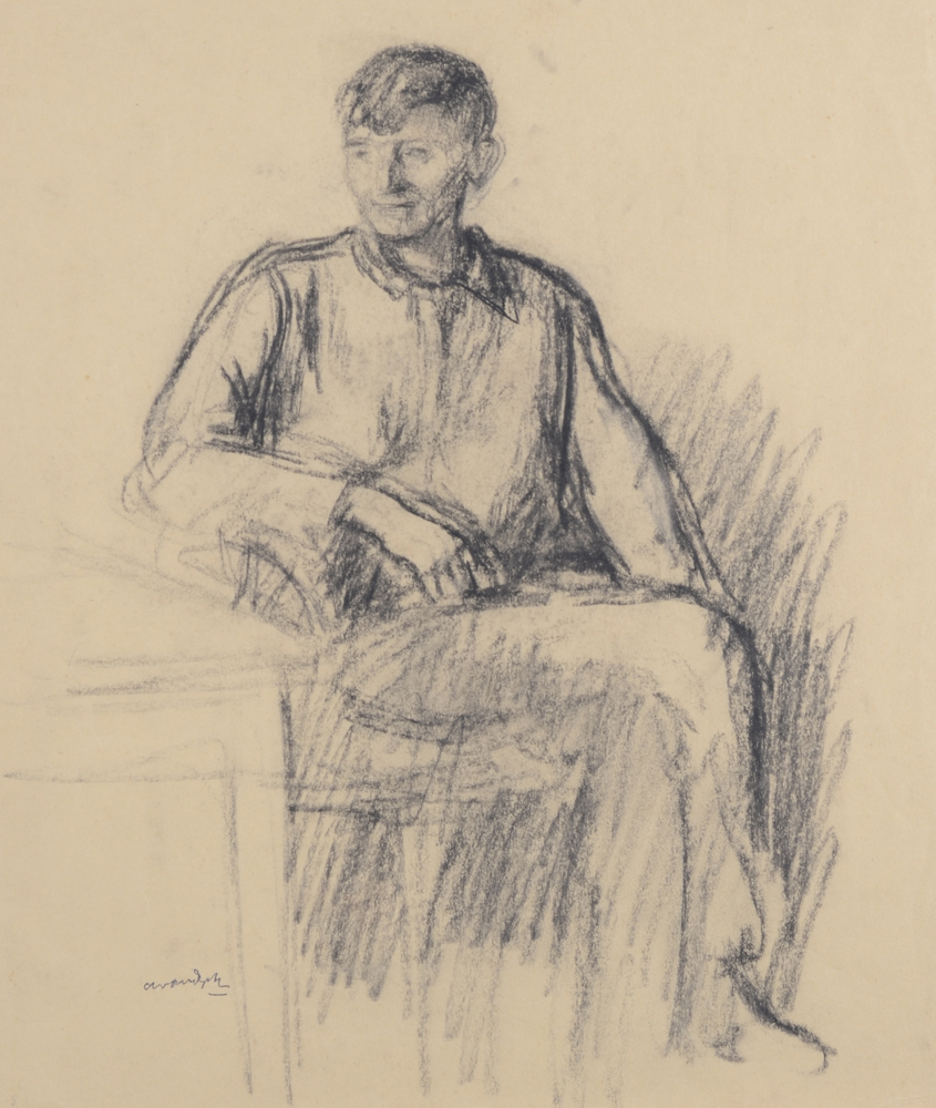 Albert Van Dyck — Dessin d'un homme assis à côté d'une table, signé et sur le dos une étude de fille