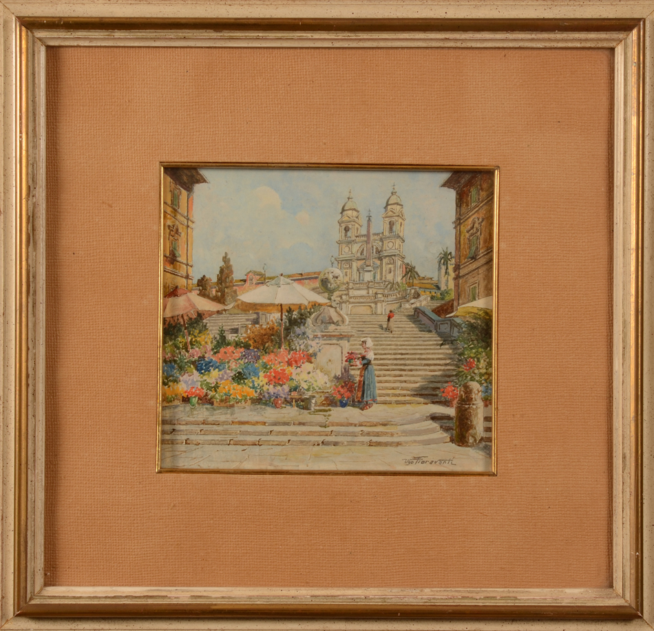 Ugo Fioravanti — aquarelle sur papier, vue de Rome, ca. 1950