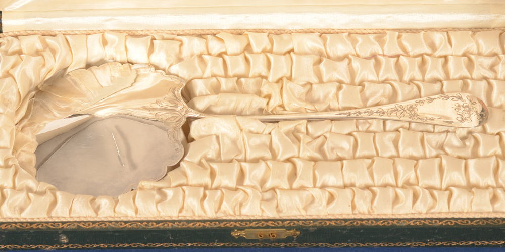 silver engraved strawberry spoon — In its original presentation box