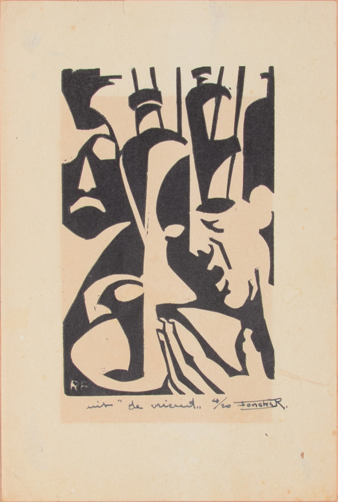 Richard Foncke 'De vriend', linocut — One of the three linocuts by Foncke, signed by the artist on the bottom right.