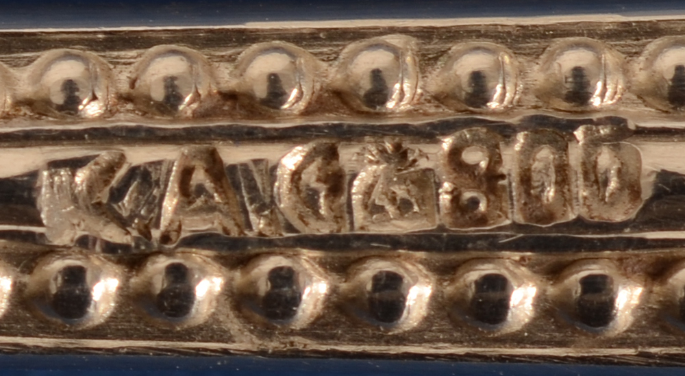 German fish cutlery pearls — Makers mark and alloy mark on the handles