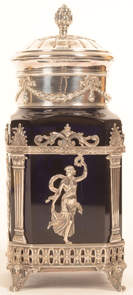 Martin Mayer — Boîte à thé en argent et verre bleu foncé, dans le style empire