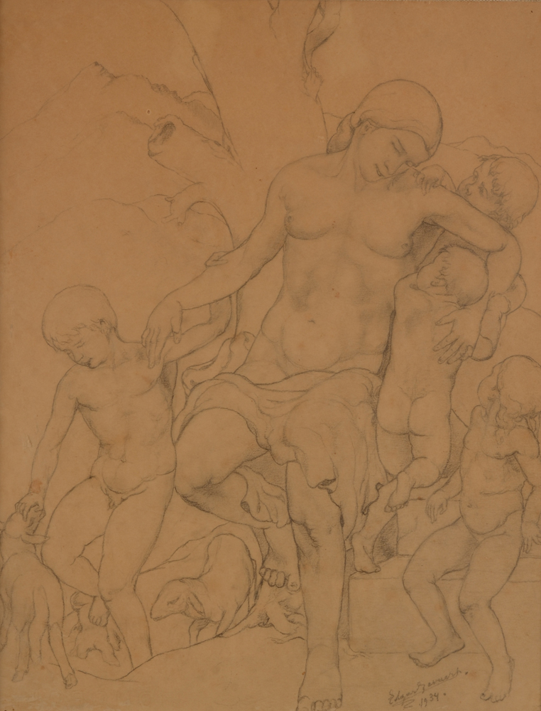 Edgar Gevaert Motherhood — Très rare dessin sur papier de 1934, illustré en pleine page dans la monographie sur l'artiste