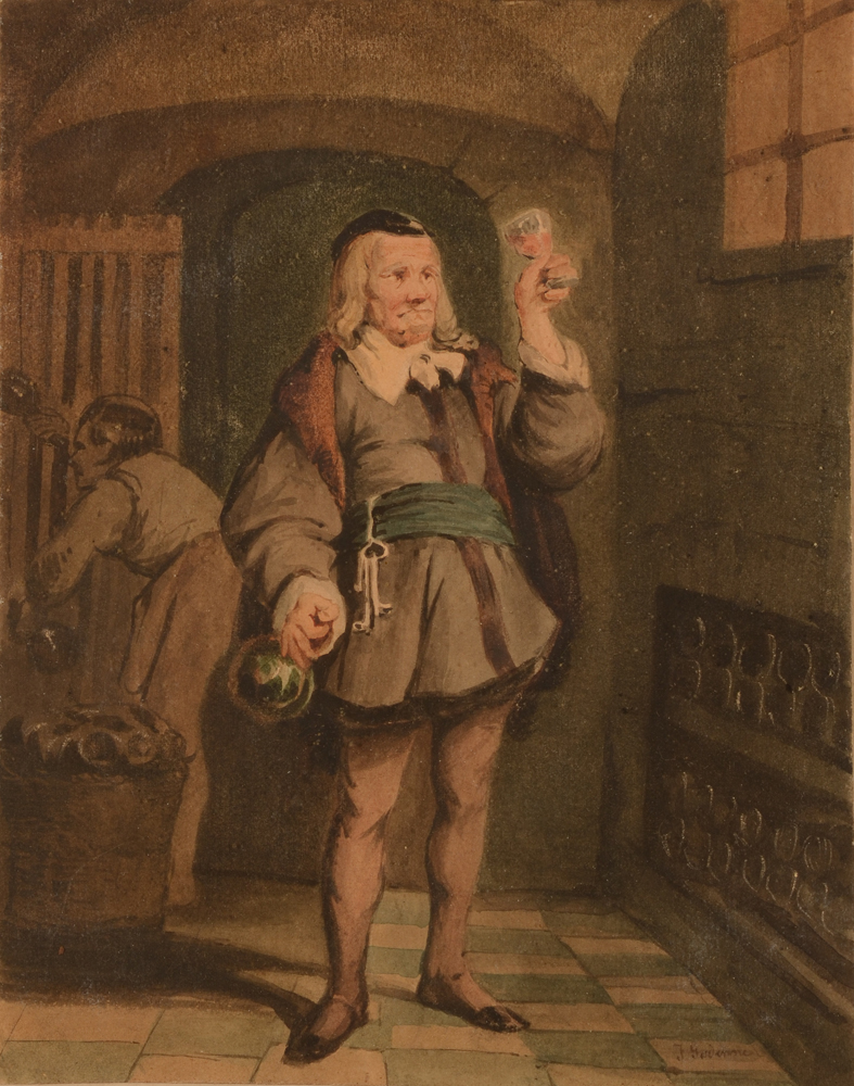 Jean Julien Godenne — le contrôle du vin, aquarelle sur papier signée