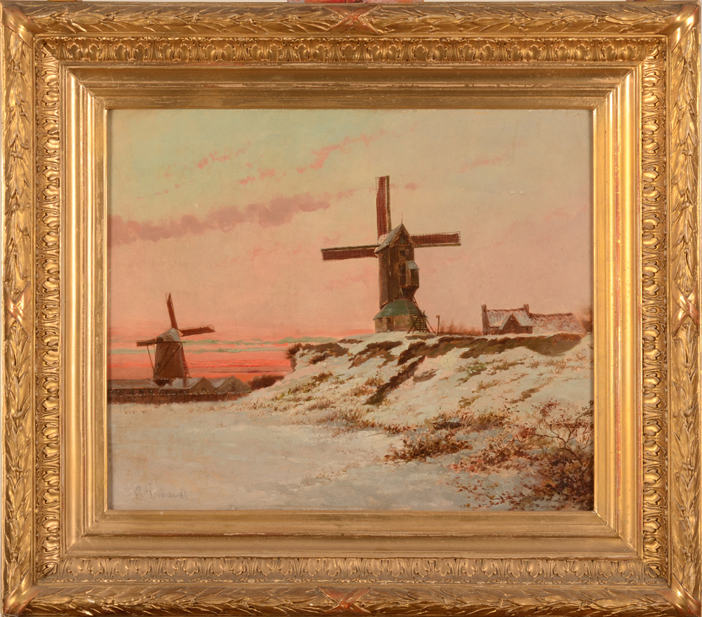 Edouard Govaere — Moulins en Flandres, huile sur panneau d'acajou, signée et datéé 1881