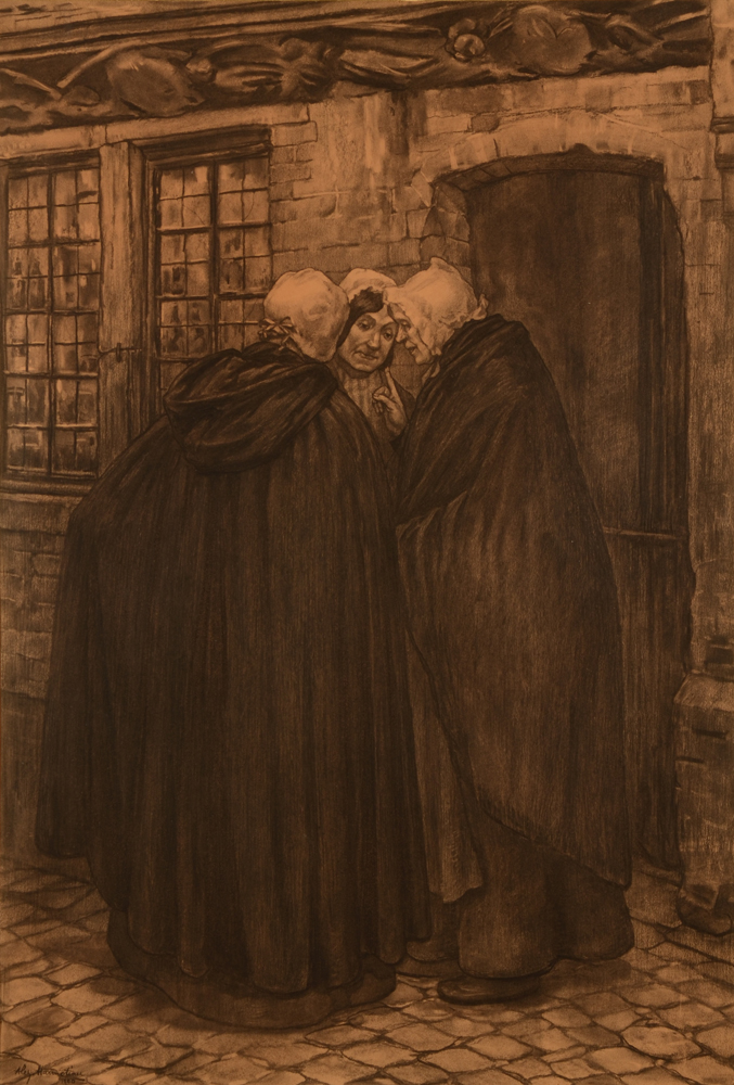 Alexandre Hannotiau — Les commères, grand et important dessin sur papier, signé et daté 1900