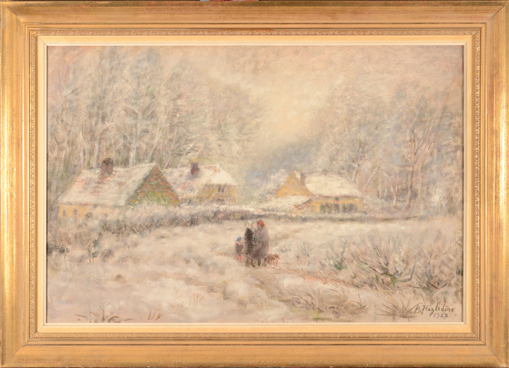 Alfred Hazledine — Vue des environs de Bruxelles avec enfants jouant dans la neige, 1947