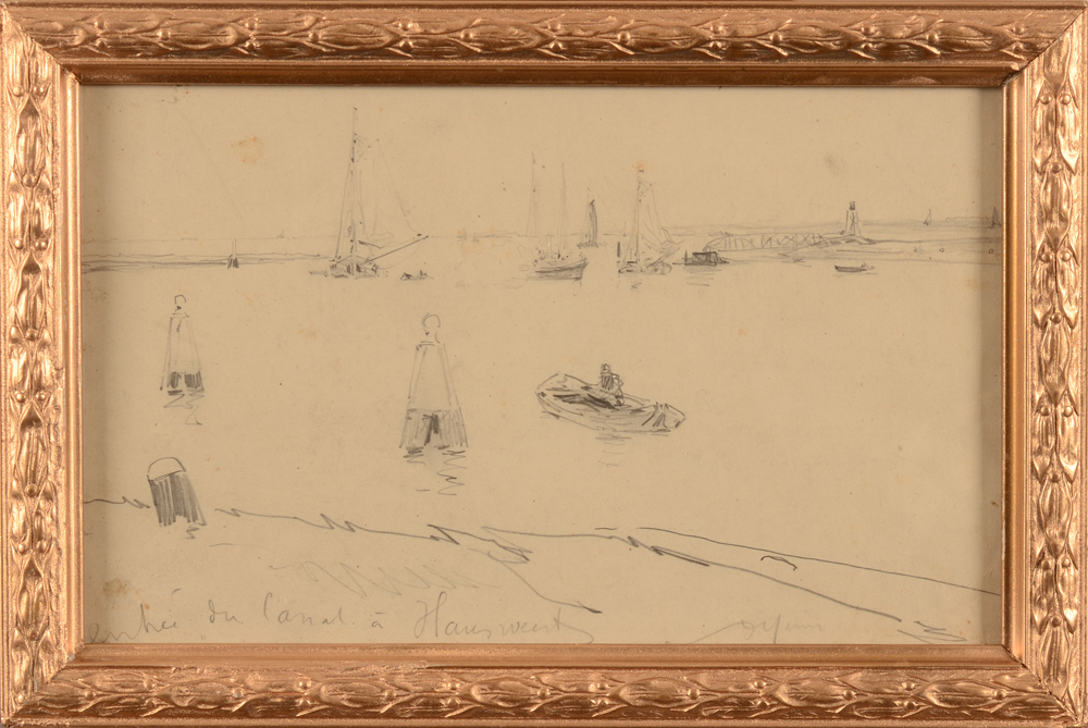 Armand Heins — L'entrée du canal à Hansweert en Hollande, dessin signé