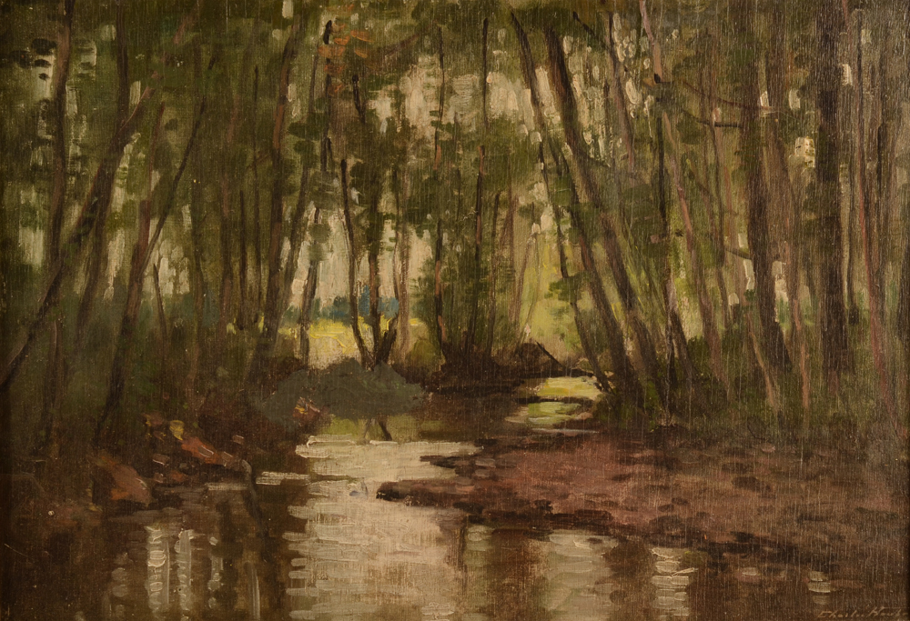 Charles Houben — Vue de rivière dans un foret, huile sur panneau, signée